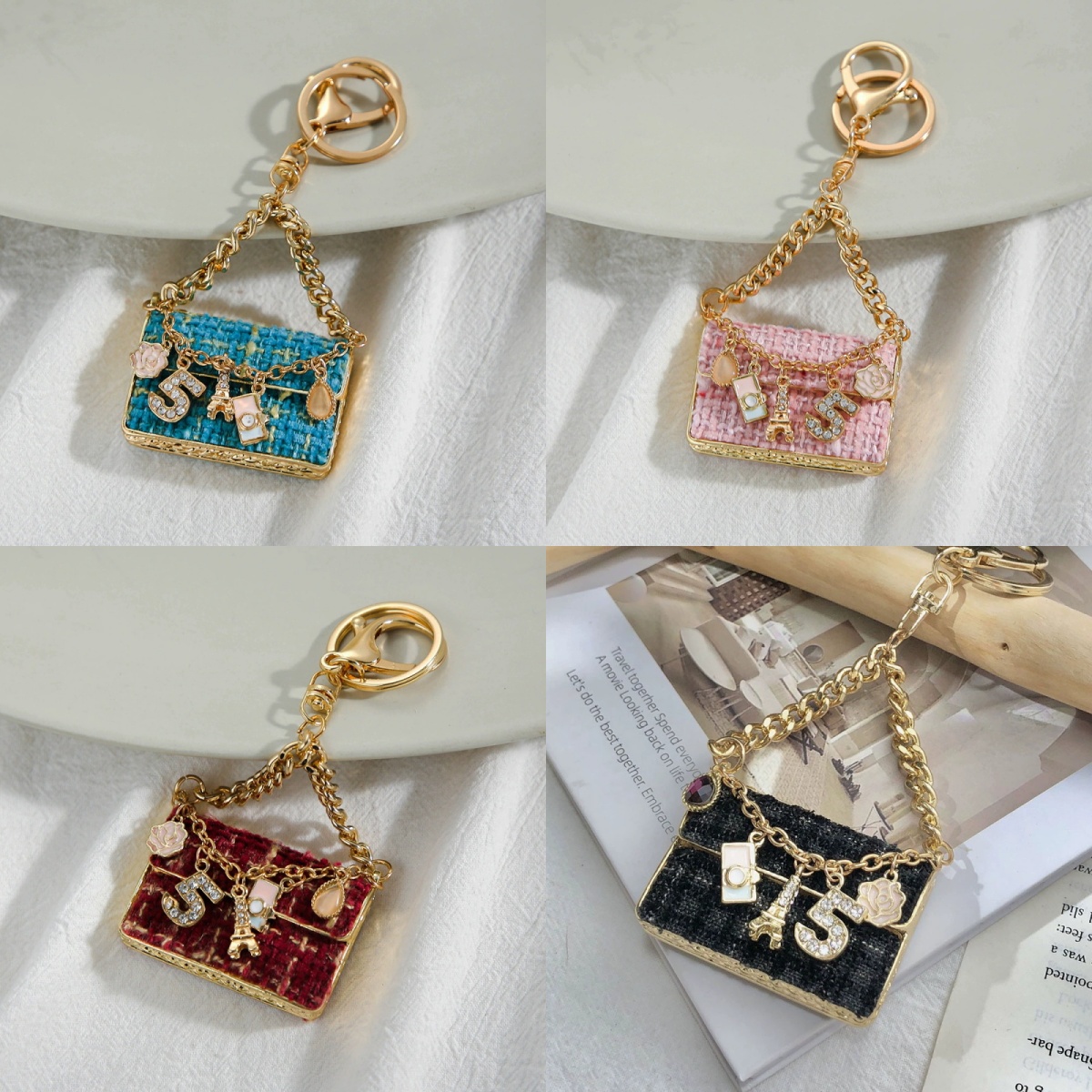 Creative mini bag charm cute metal keychain exquisite lady greful gif pink blue purple small weave diamond keyrings simple lovely hg380 L250928AWBG