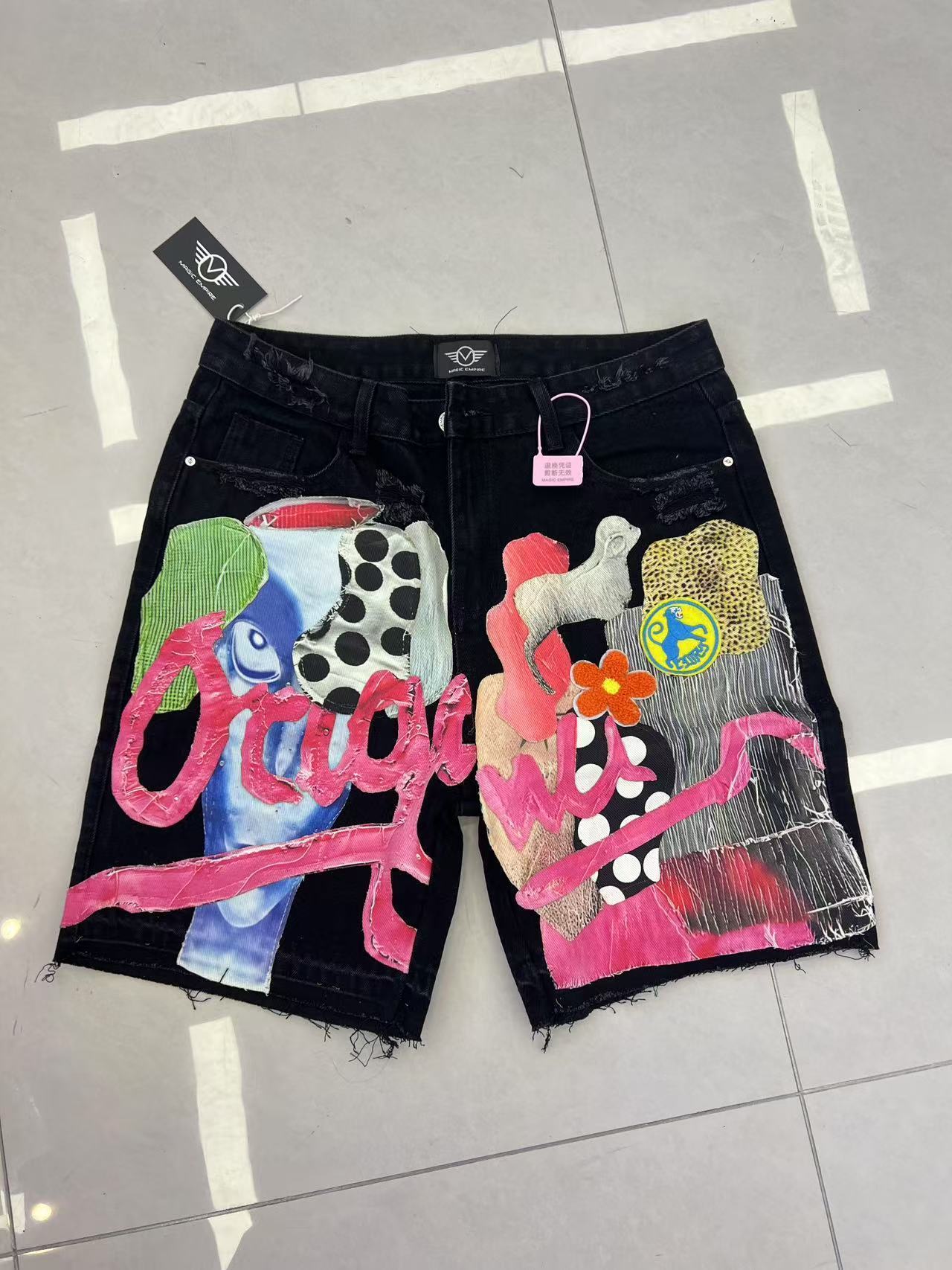 Gothic punk skull letter pattern patch work shorts mens Y2k streetwear pants hip-hop fashion denim shorts summer s 250402