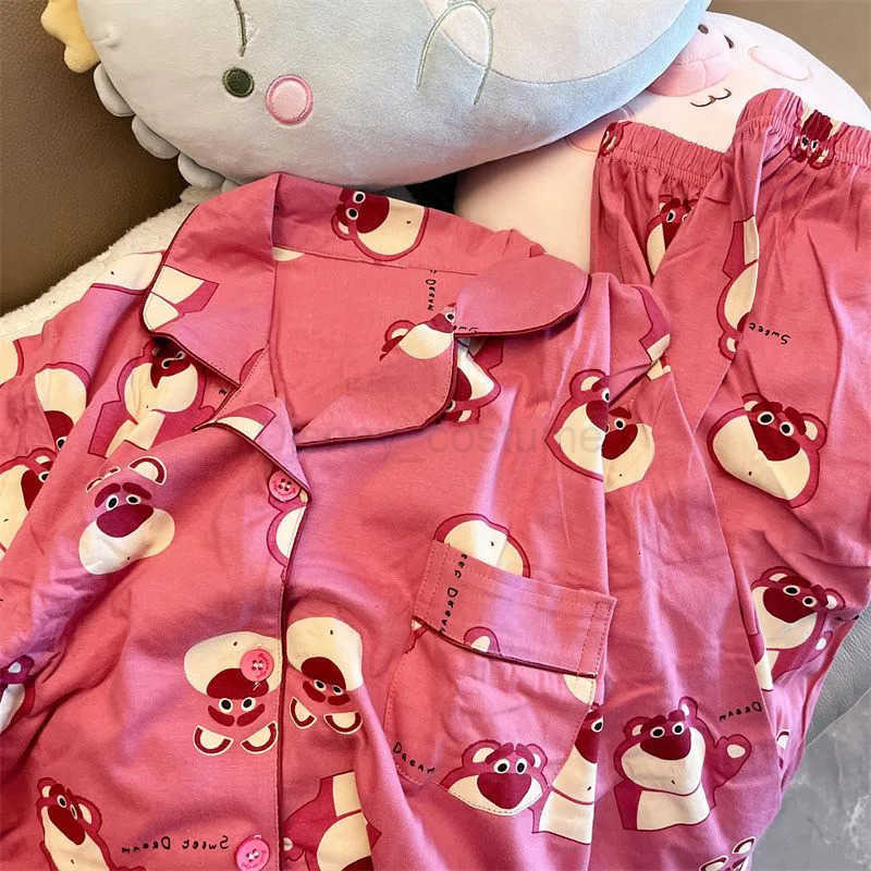 Disney Cartoon Strawberry Bear Home Outfit Womens Long Sleeved Pants Pijama Sleepwear for Sleeping Pajama Sets H250926