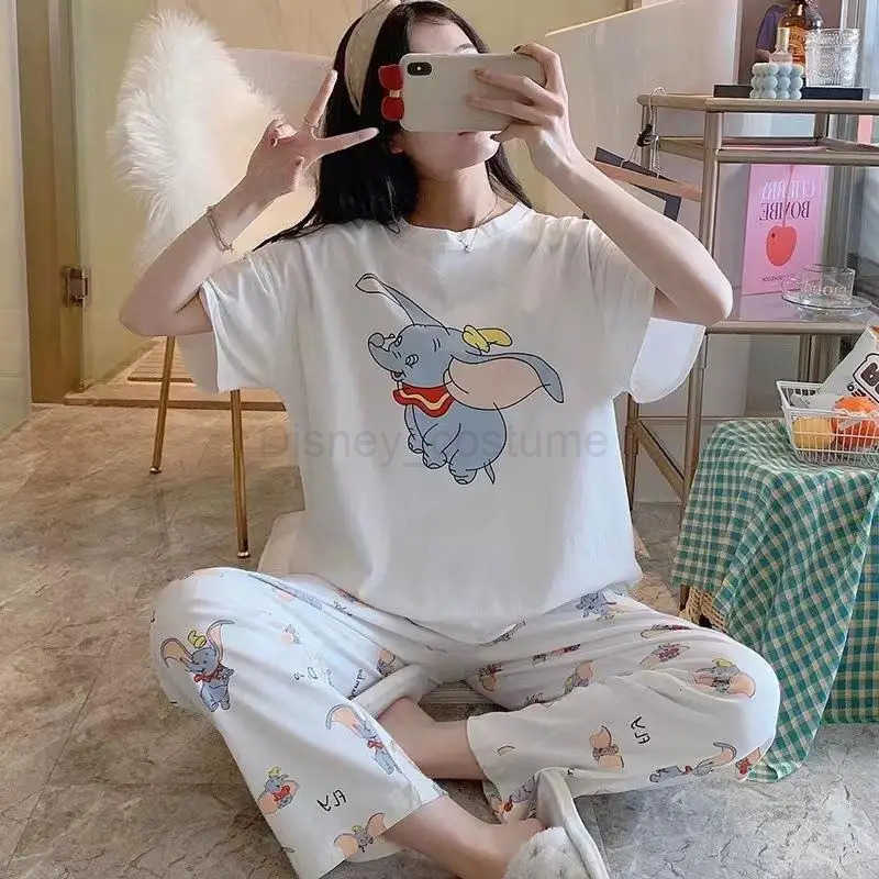 Disney Summer Pooh Bear Sleepwear Womens Loose Comfortable Cartoon Print Home Clothes Set Short Sleeve Nightshirt Mickey Pajama Set H250926