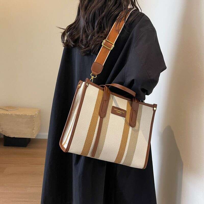 Beibei Shangpin New Style Simple Canvas Contrast Tote Handheld One Shoulder Diagonal Cross Trendy Women's Bag