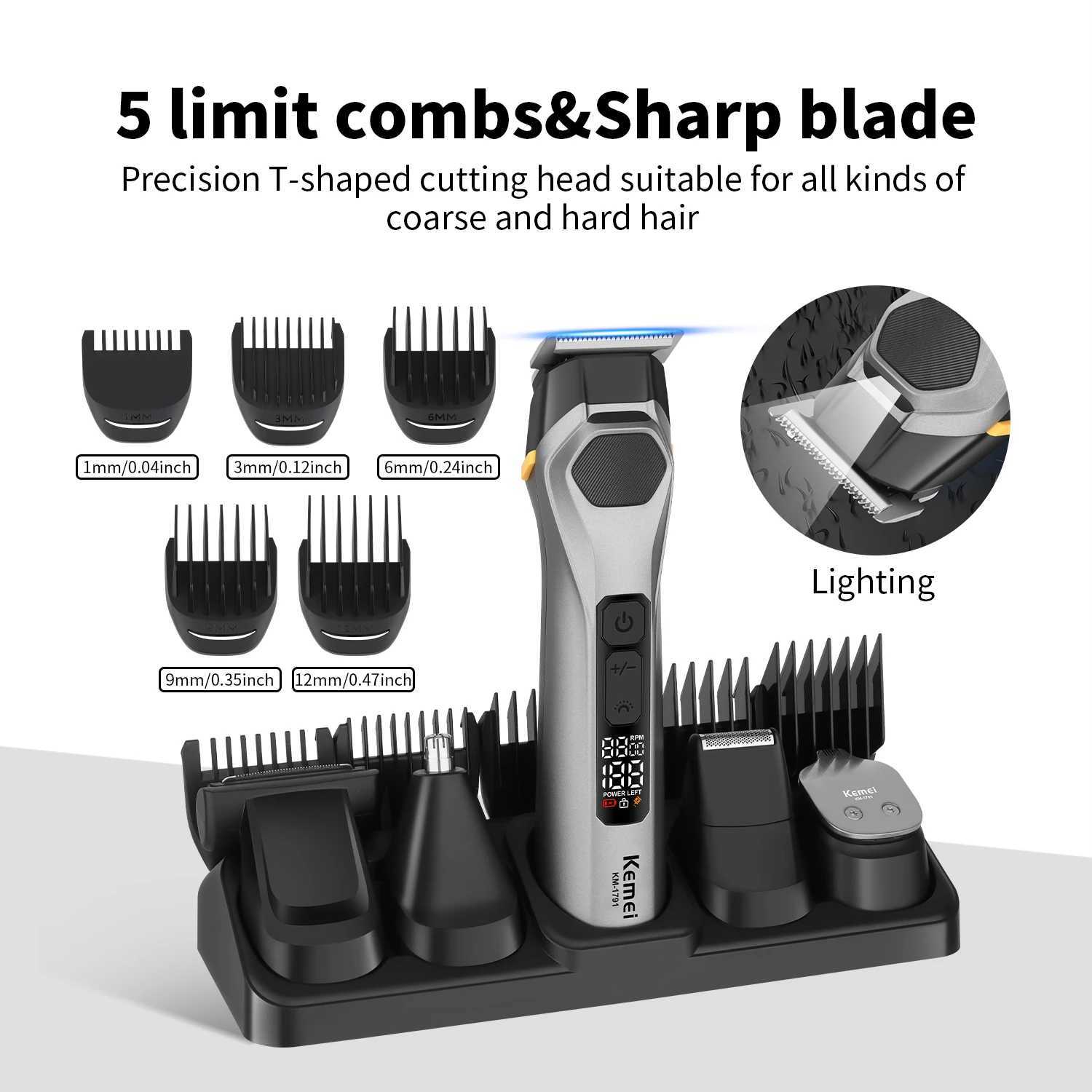 Kemei Waterproof Mens Grooming Kit Electric Beard Trimmer Cordless Razor Hair Clippers Rechargeable facial beard Nose Trimmer R250926