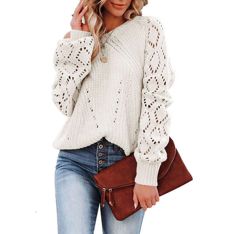 Autumn Winter New Hollow Pattern Knitted Sweater Round Neck Solid Color Loose Fashion Pullover