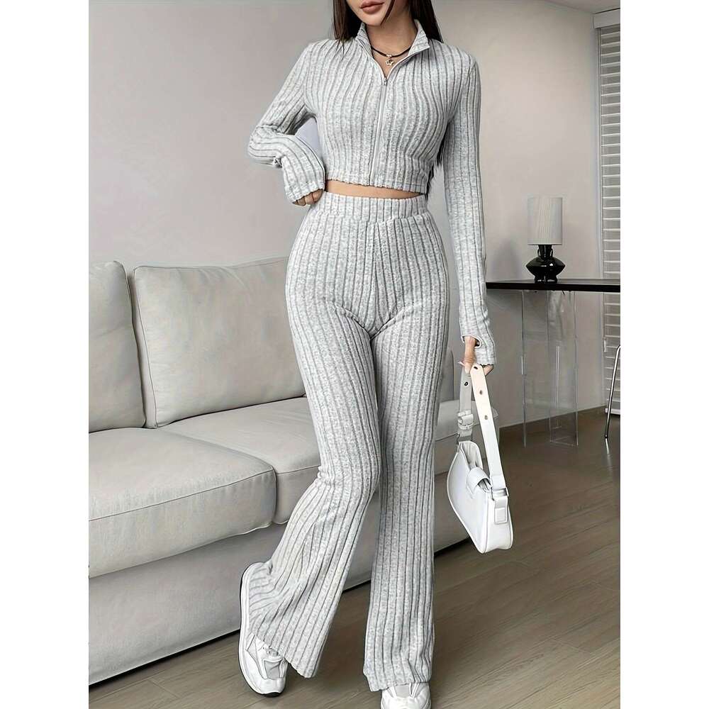 Fashion Solid Color Ribbed Two-Piece Zipper Long Sleeve Short Top and High Waist Flared Pants Set for Women Casual