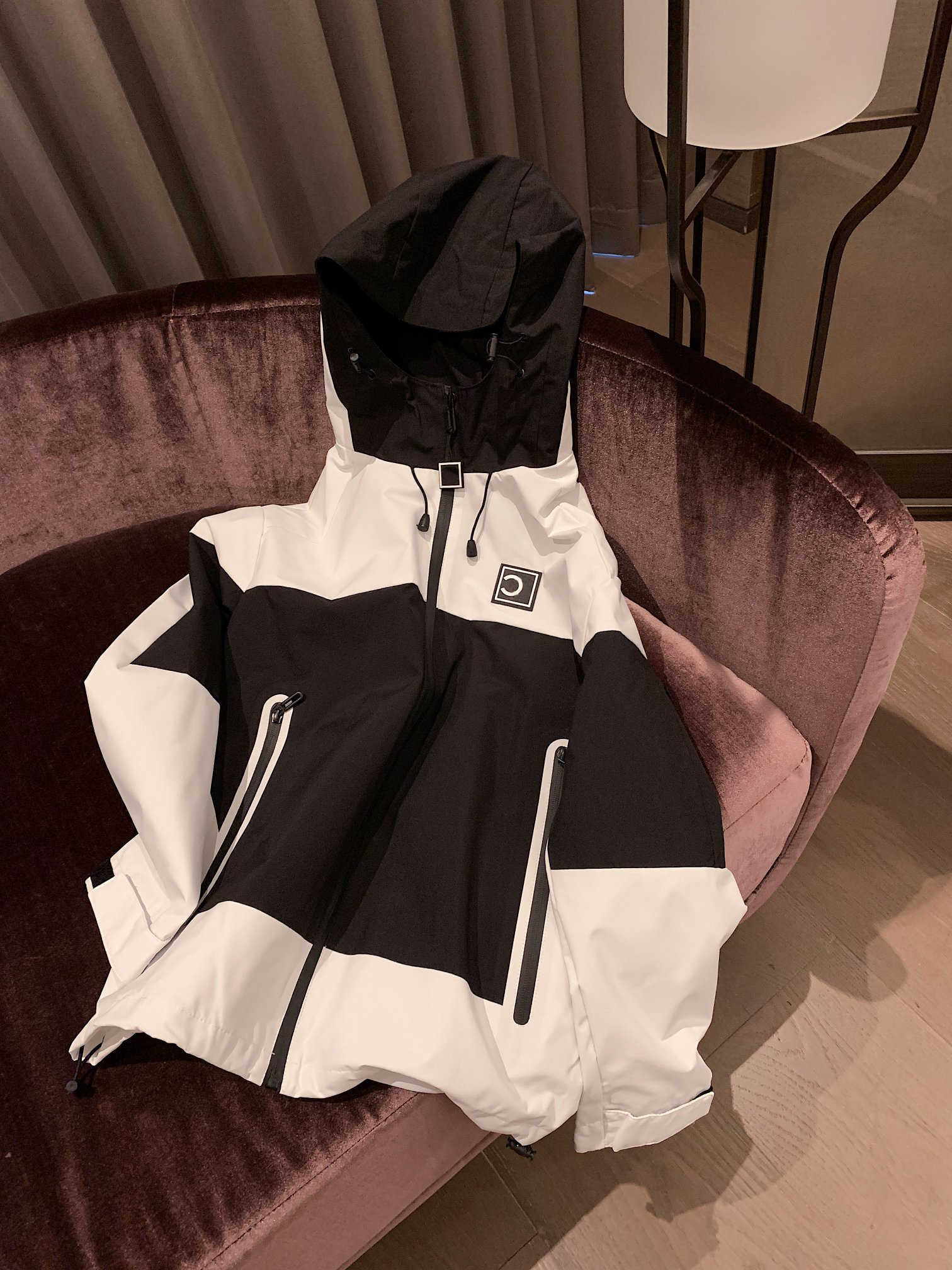 Letter logo designer jacket women Contrast colour block hooded zip coat fashionable versatile casual loose Premium fashion top