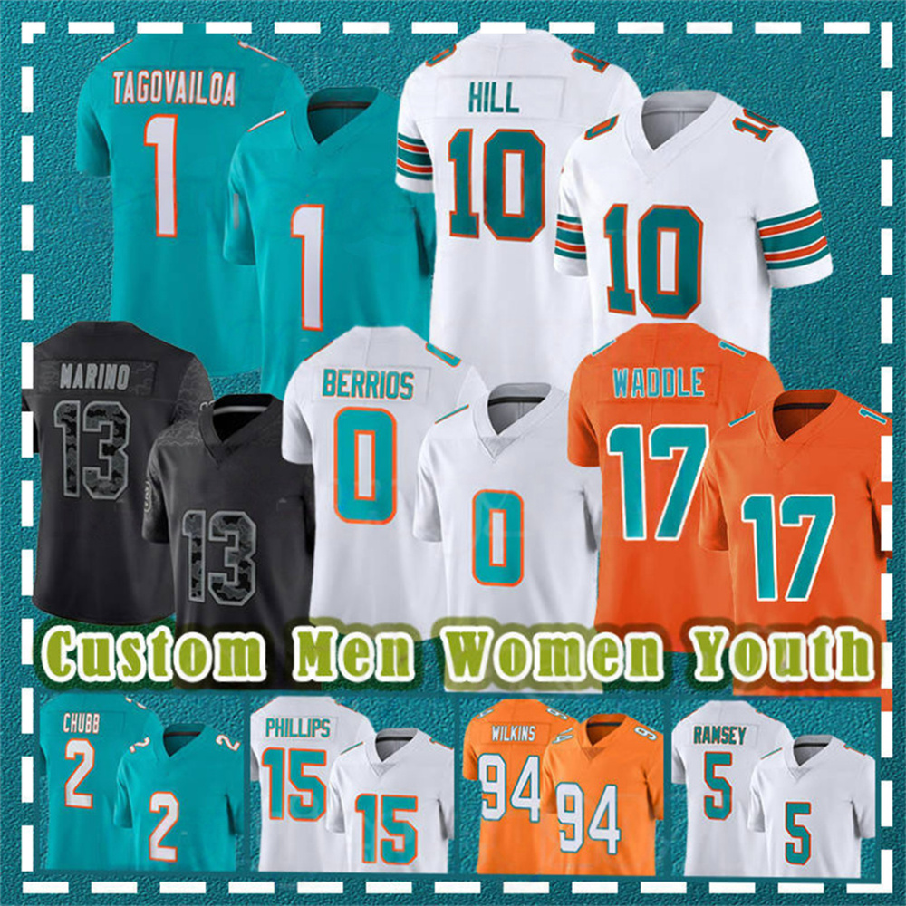 Custom Dolphinss Jaylen Waddle Jersey Tua Tagovailoa Tyreek Hill Dan Marino Jevon Holland Jaelan Phillips Jalen Ramsey Chop Robinson Football Jerseys cheap 4xl