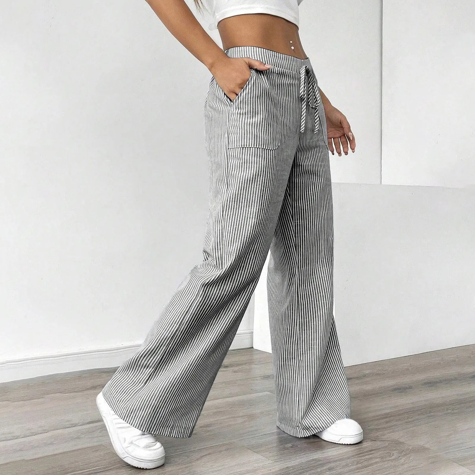 womens fashion Linen Straight Pants Drawstring Elastic high Waist Wide Leg Pants Vertical stripes print Trousers With Pockets250922