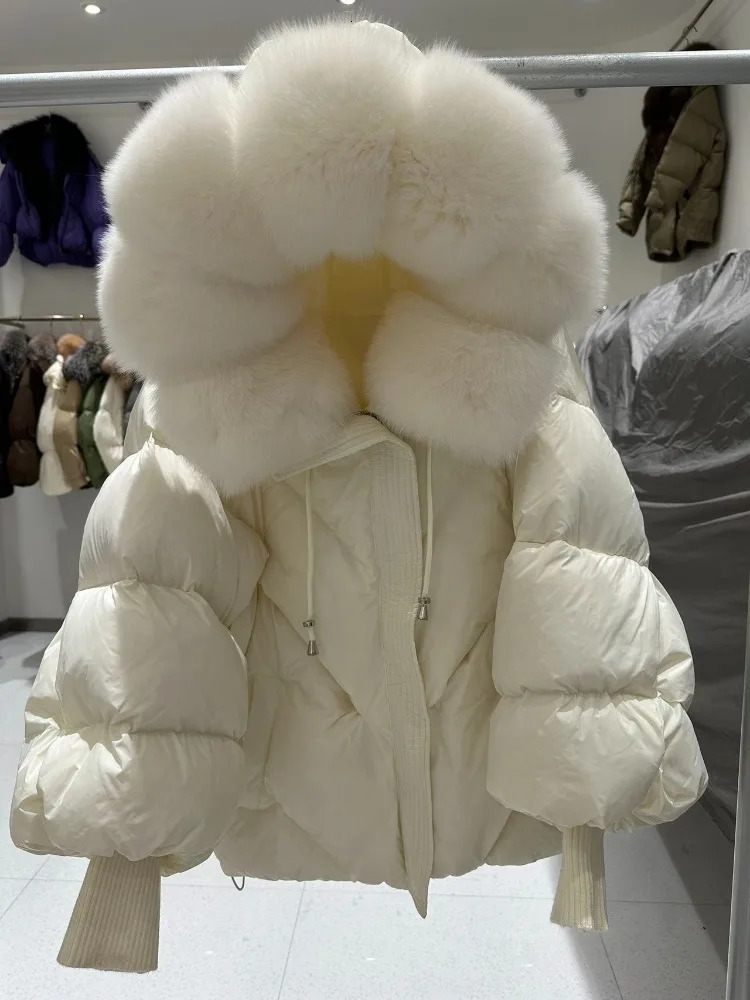 OFTBUY 2025 Winter Large Real Fur Hooded Puffer Jacket Women Thicken Warm Knitted Sleeve Coat White Duck Down Mid Long Parka 250922