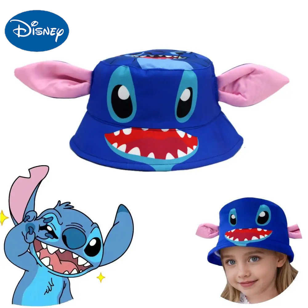 Disney Cute Stitch Pattern Kids Blue Bucket Hat Lightweight Sun Hat with Pink Large Ears Cartoon Outdoor Fisherman Cap for Boys Girls H250926