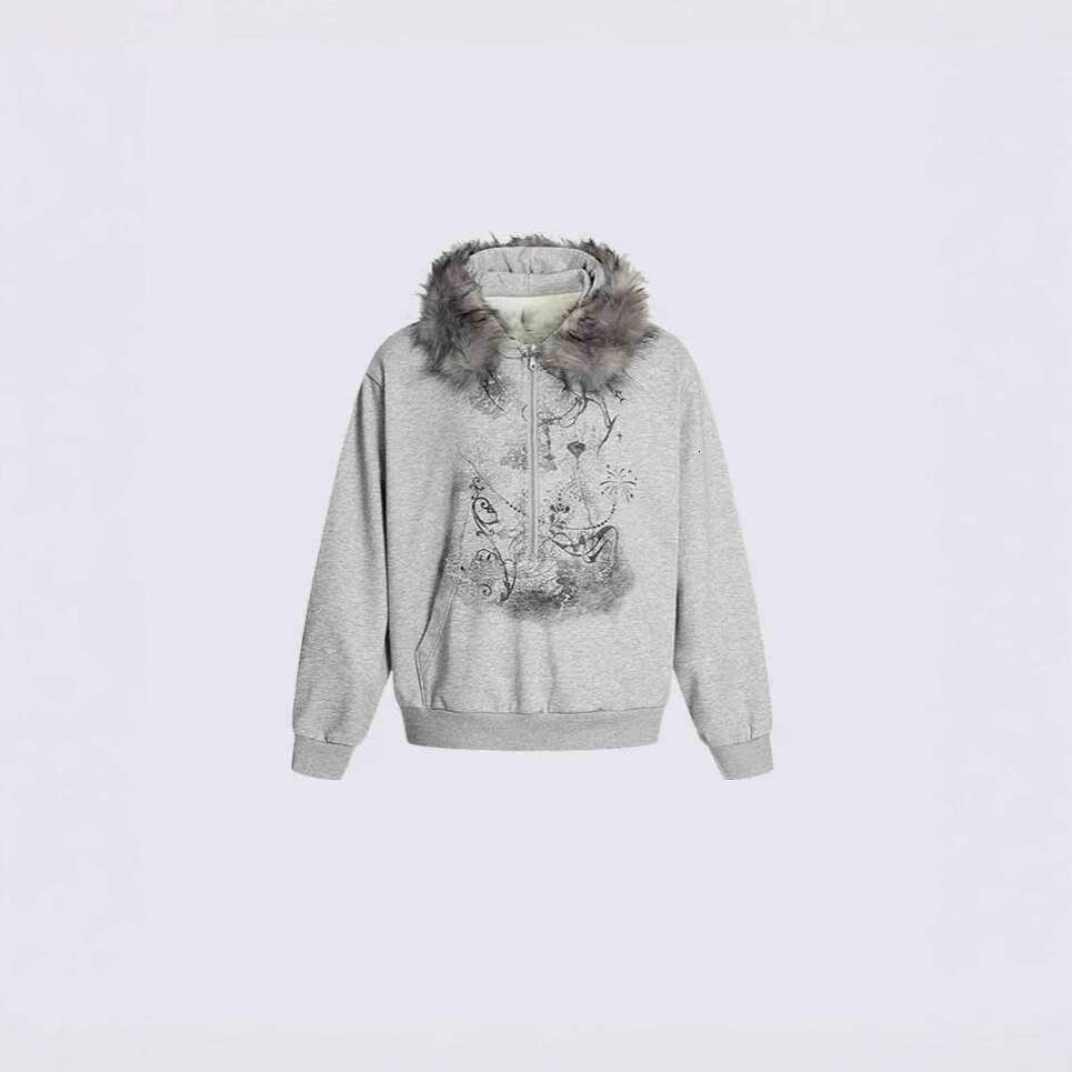 New Dark Striped Pattern Printed Fur Collar Hot Girl Trendy Zipper Cardigan Sweatshirt