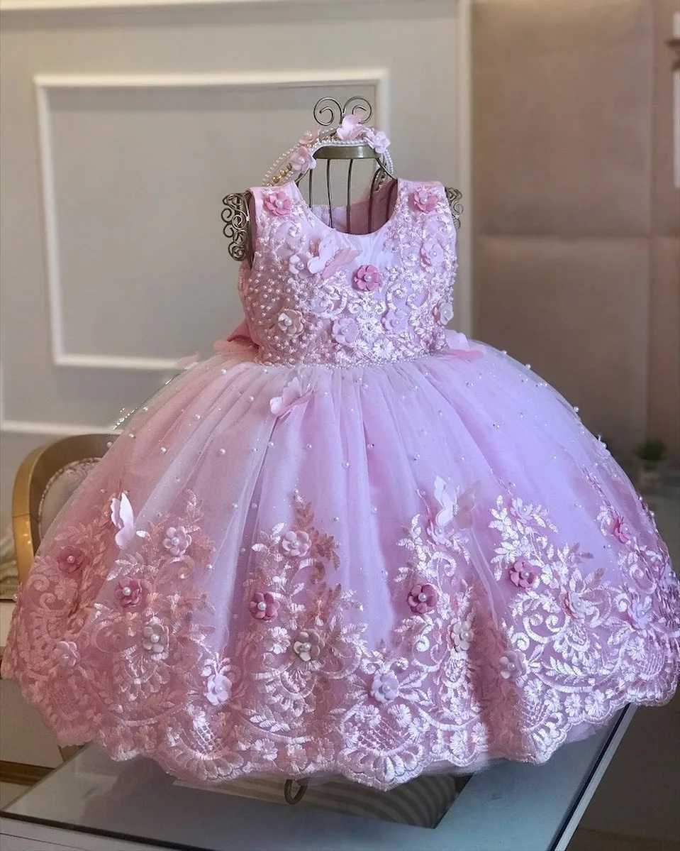 White Green Flower Girl Dress For Wedding Applique Tulle Short Sleeve Pearl Princess Kids Birthday First Communion Ball Gown Z250926