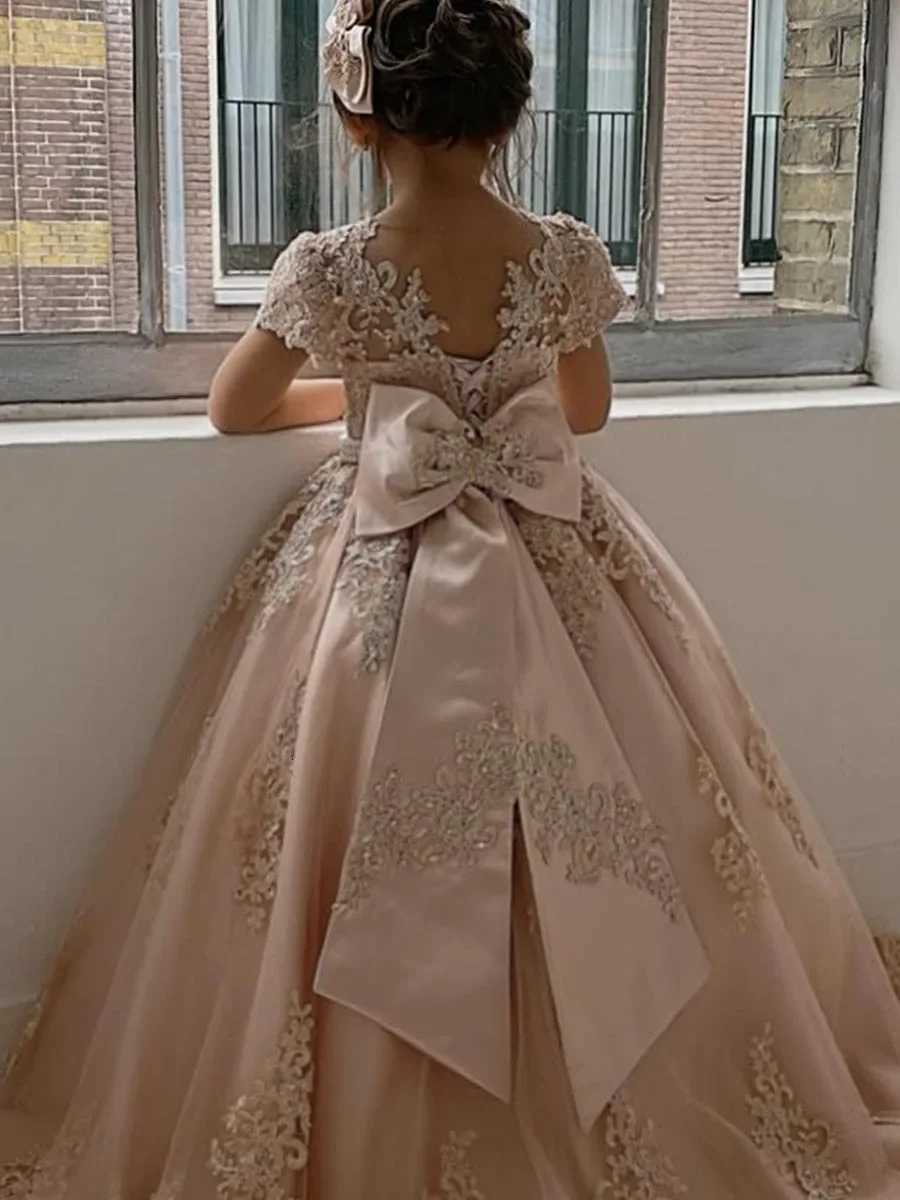 Girls Princess Flower Girl Dresses for Wedding With Bowknot Beaded Appliques Pageant Dress Kids Long Train Wedding Party Gowns Z250926
