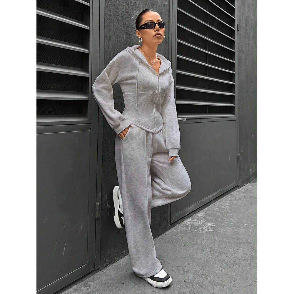 2025 Spring Autumn New Set European and American Cross-Border Trendy Hooded Cardigan Slim Fit Casual Two-Piece Suit for Women