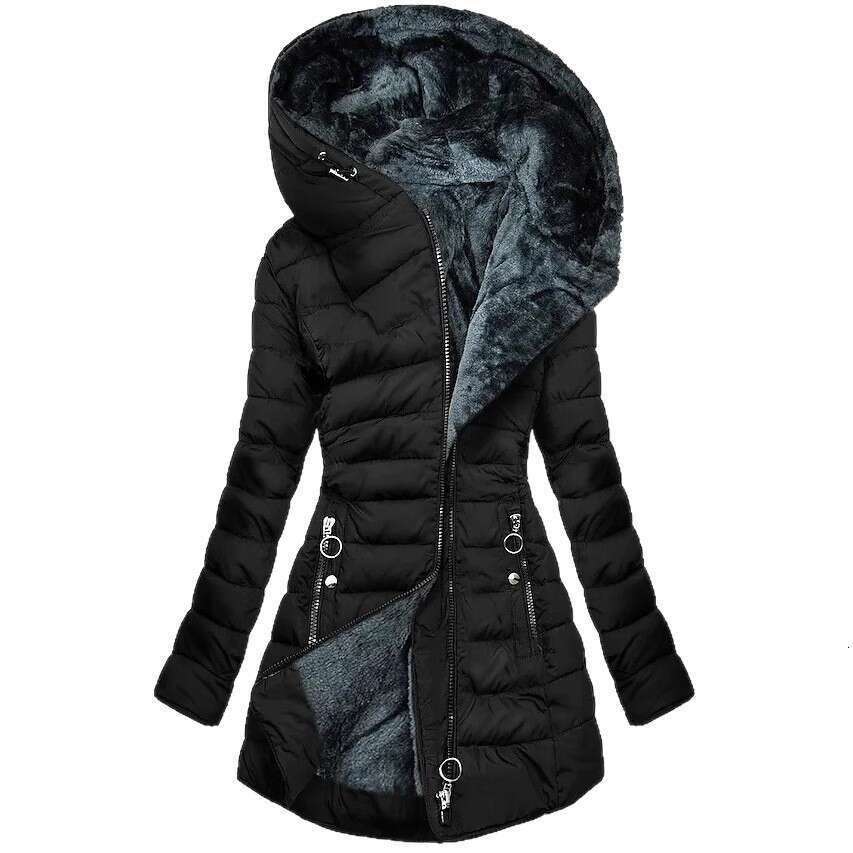 Winter Warm Fur Collar Jacket for Women with Zipper Long Sleeve Slim Fit Cotton Coat Hooded Overcoat 9060