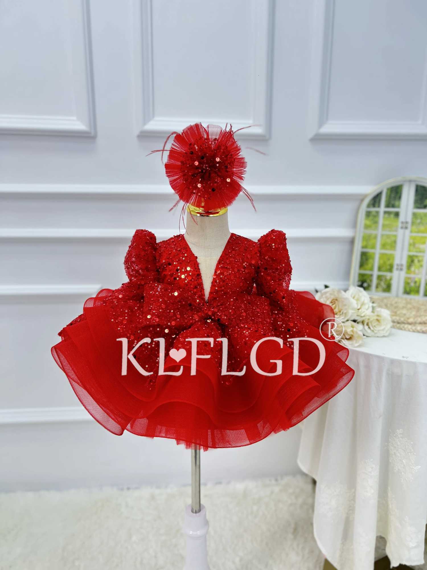KLFLGD Red sequin dress flower girl Vneck long sleeved gorgeous wedding dress formal first time girl Christmas costume Z250926