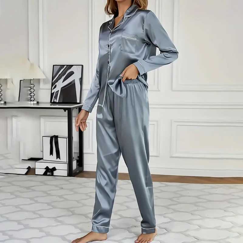 Womens Sleepwear Simple Satin Pajama Set Long Sleeve Buttons Lapel Top With Elastic Pants Loungewear Nightwear 2 Piece Nighty Z250925