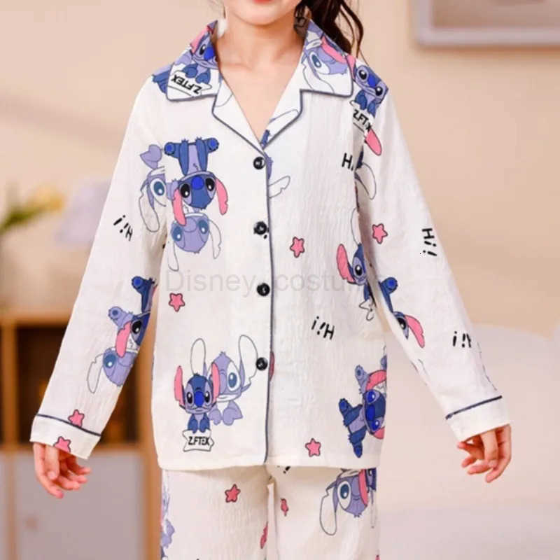 Disney LiloStitch Long Sleeved Pajamas Set Anime Cartoon Characters Stitch Printed Accessories Kawaii Childrens Home Clothing H250926