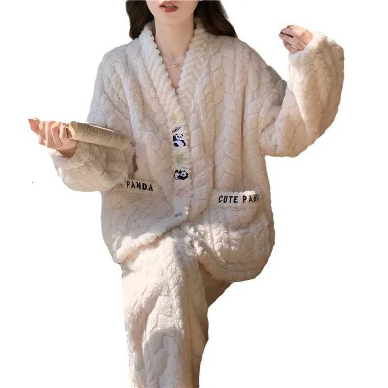 Womens Coral Fleece Pajama Set Thickened Flannel Home Clothes VNeck Sleepwear Autumn Winter Warm Tips For Selection And Care Z250925