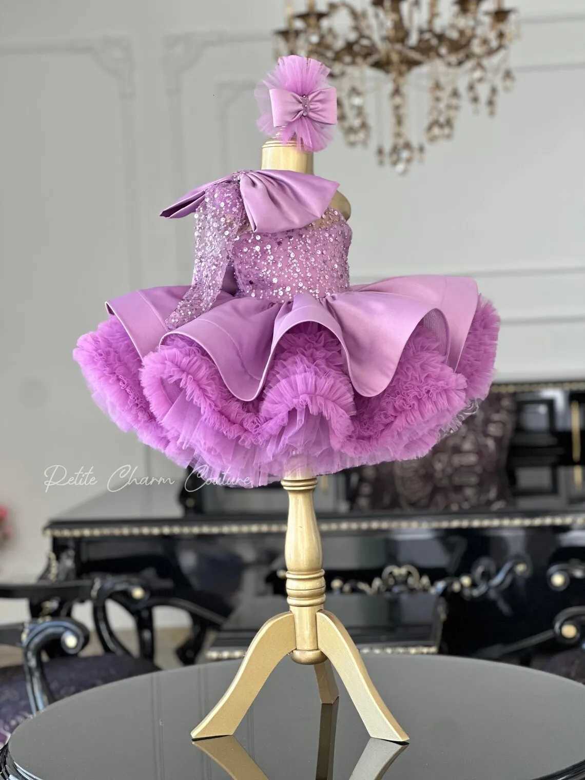 Puffy Short Glitter One Shoulder Toddler Birthday Party Dresses Lavender Tulle Bow First Pageant Princess Flower Girl Dresses Z250926