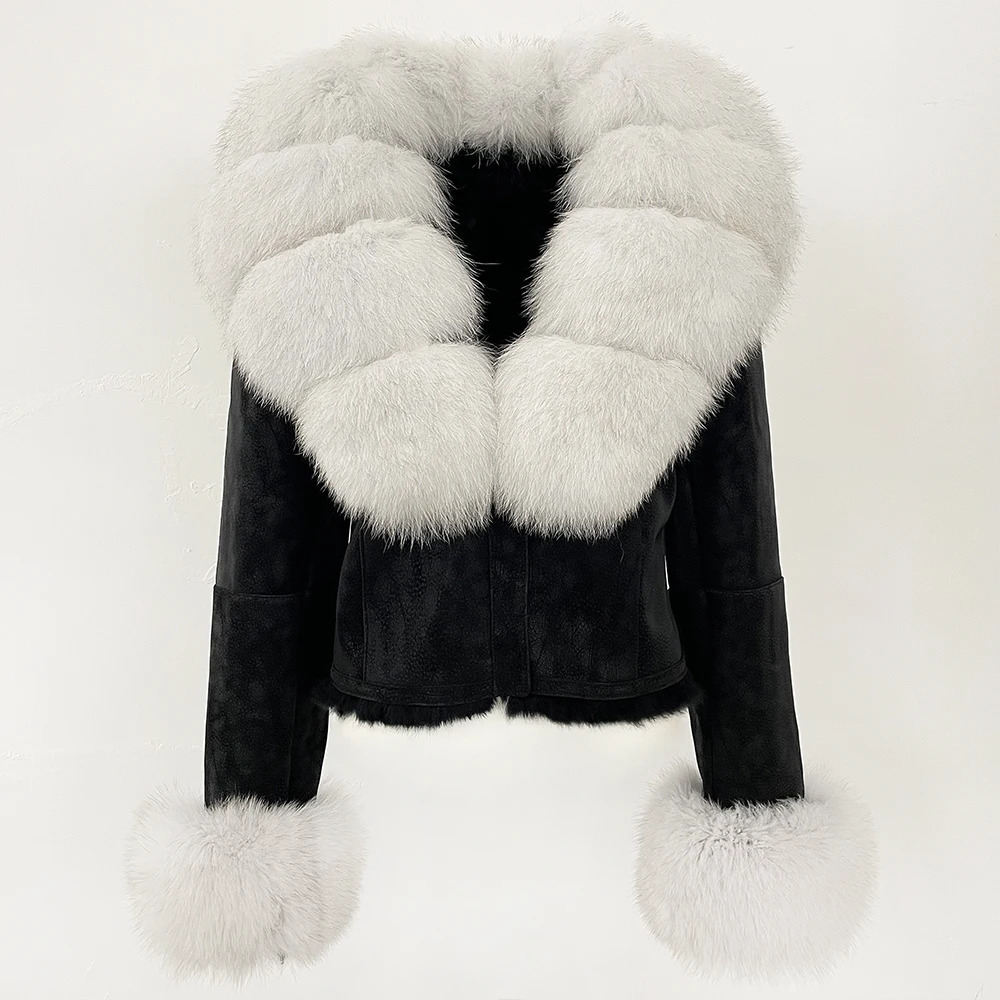 MENINA Fashion Short Autumn Winter Fur Clothing Real Rabbit Fur Liner Suede Jacket Women Natural Fox Fur Collar Coat Female 250917