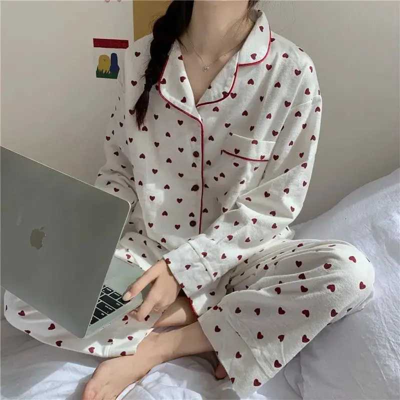 2 Piece Set Large Size Nightwear Women Autumn and Winter Cardigan Homewear Ladies Peach Heart Long Sleeves School Sleepwear Z250925