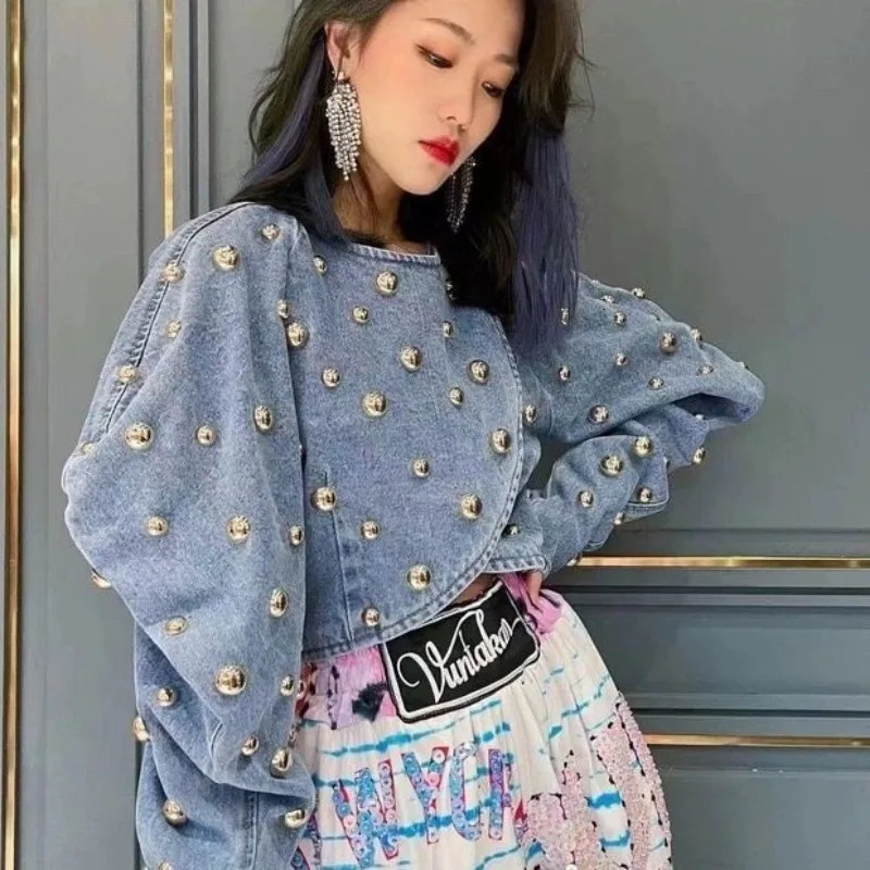 Spring Autumn Women Rivets Long Lantern Sleeve Denim Coat Short Pearls Beading Jeans Bomber Jacket Cowboy Cardigan Tops 250922
