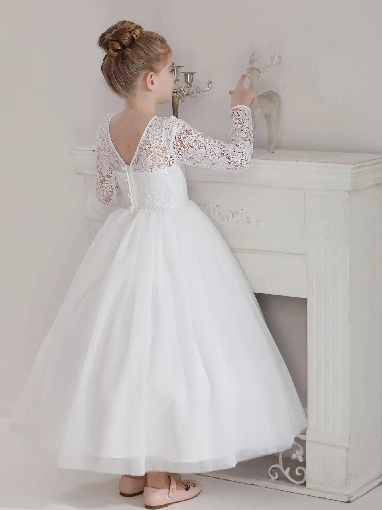 Girls Teenage Long Sleeve Lace Dress Wedding White Bridesmaid Evening Gown Long Dress Z250926