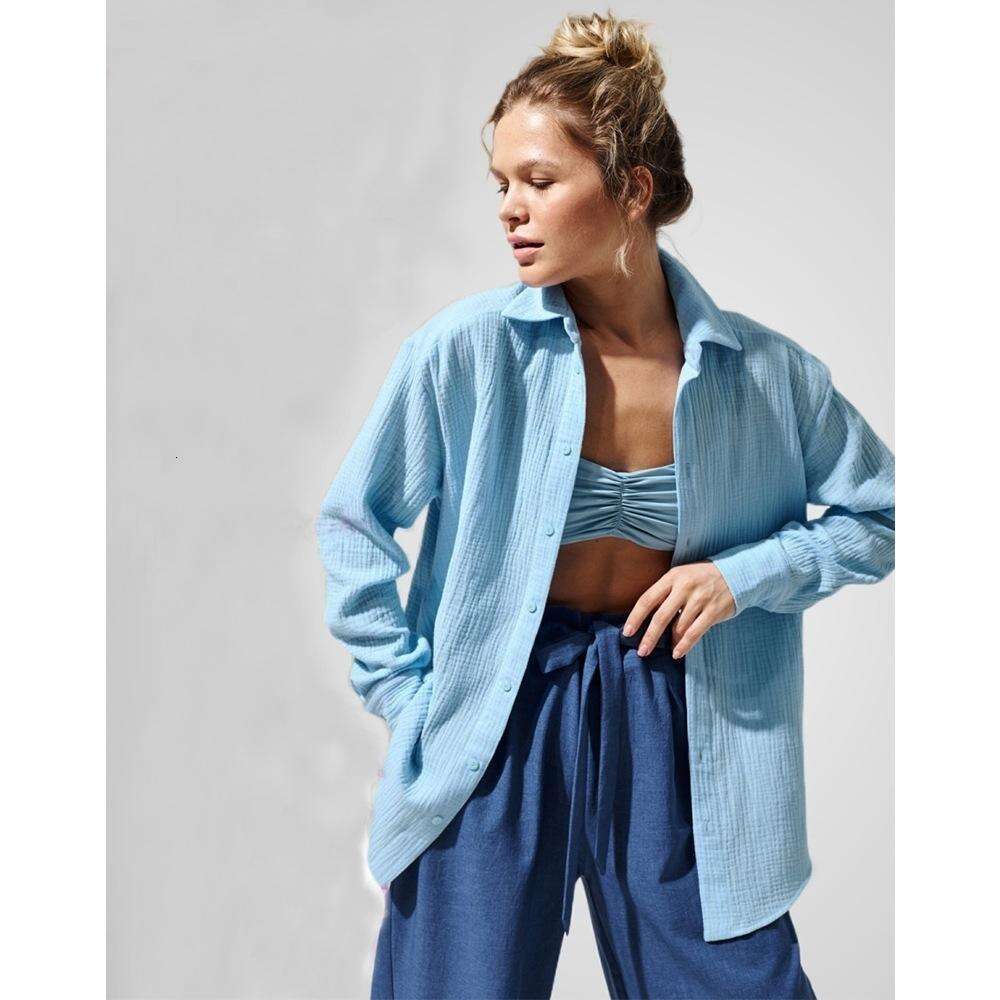 2025 Autumn Season Cross-Border Long Sleeve Pure Cotton Crepe European and American New Style Comfortable Loose Shirt Blouse Shawl