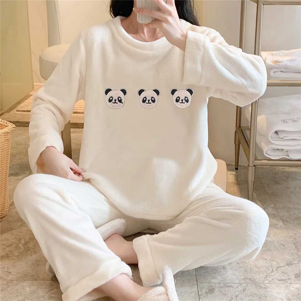 Winter New Flannel Warm Pajamas for Wome Thickening Round Neck Long Sleeve Outfits for Women 2 Piece Set Cute Printing Home Wear Z250925