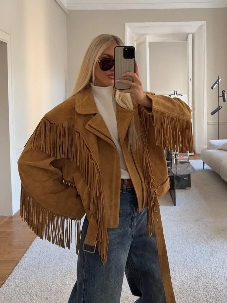 Chic Tassels Patchwork Brown Suede Jacket Women Elegant Lapel Full Sleeves Zipper Loose Coat Autumn Fashion Female Street Wear 250922 - view 4