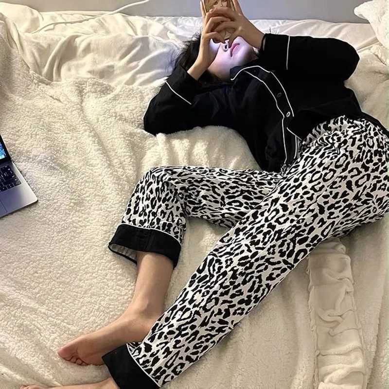 Spring and Summer New Korean Version of the Ladies Pajamas Homewear Black Leopard Cardigan Autumn and Winter Homewear Thin Suit Z250925