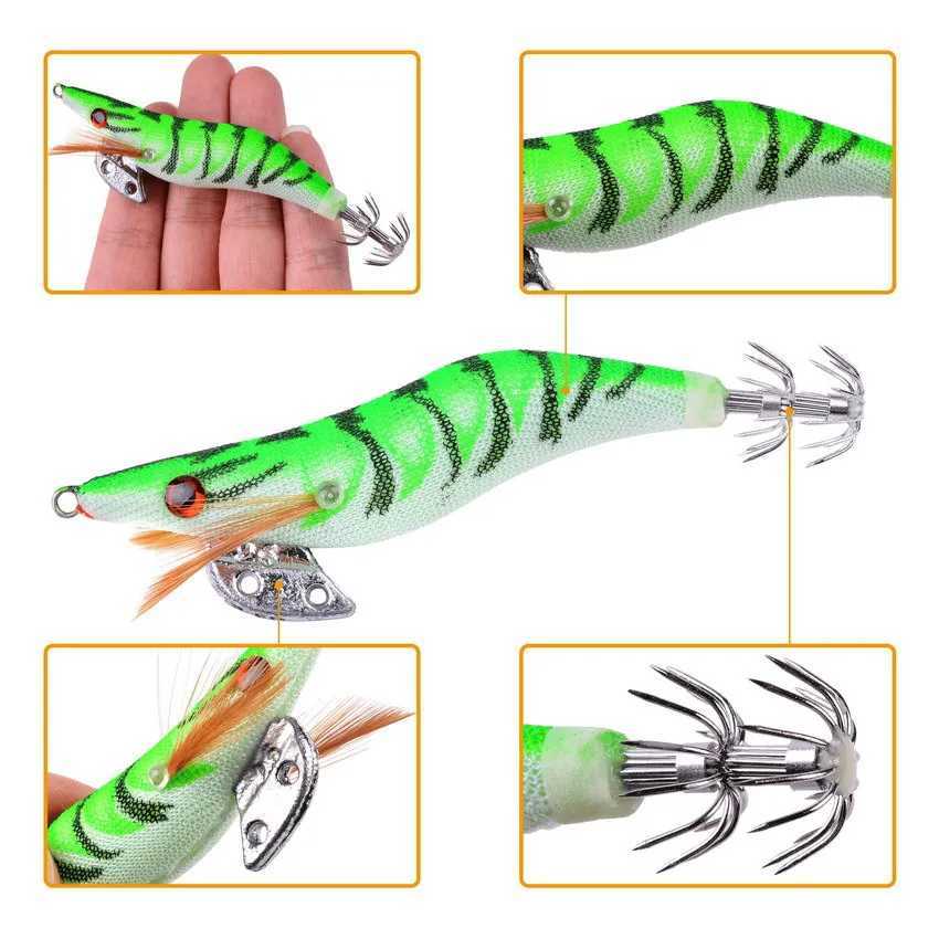 5pcslot Fishing Wood Shrimp Luminous Squid Octopus Lure 3D Eyes Fishing Lure Hard Bait Wobbr Squid Jig Lure W250926