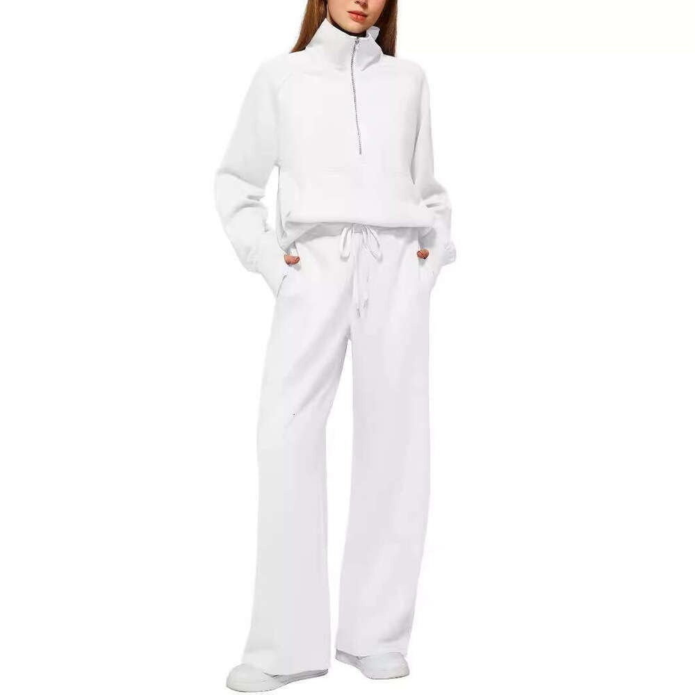 2025 European and American Style Women's Two-Piece Oversized Half-Zip Sweatshirt Wide-Leg Sweatpants Casual Set