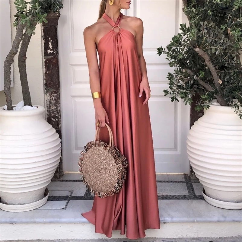 Halter Neck Satin Dresses Women Outfits Summer Sexy Sleeveless Side Slit Flowy Plead Long Dress Female Formal Occasion Dress 240815