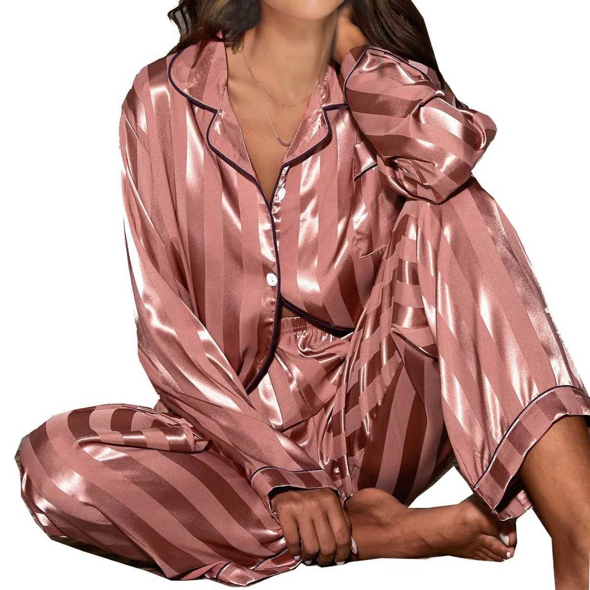 Stripe Long Sleeve Trouser Pijamas Suit Women 2PCS Pajamas Set Sleepwear Spring Summer Satin Nightwear Loose Homewear Loungewear Z250925
