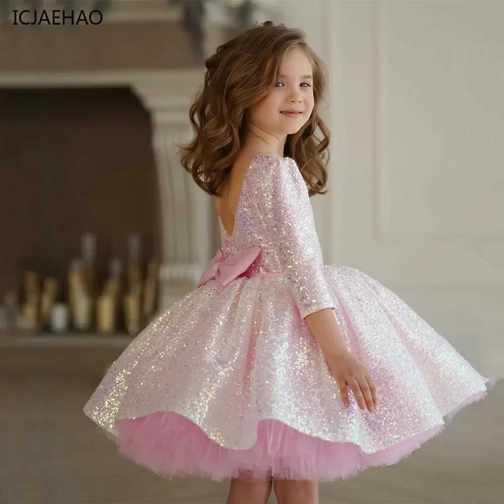 2025 New Pink Glittery Party Dress for Little Girls Puffy Tulle Girl Clothes for Eid Clothes Dresses Special Occasions Flower Z250926
