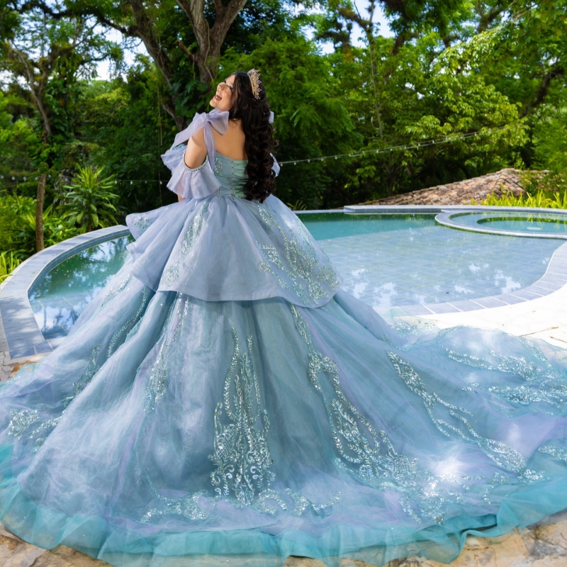 Light Lilac Aqua Blue Shiny Quinceanera Dresses Off The Shoulder Applique Lace Beading Crystal Corset Tull Party Birthday Sweet 16 Dress Vestidos 15 D