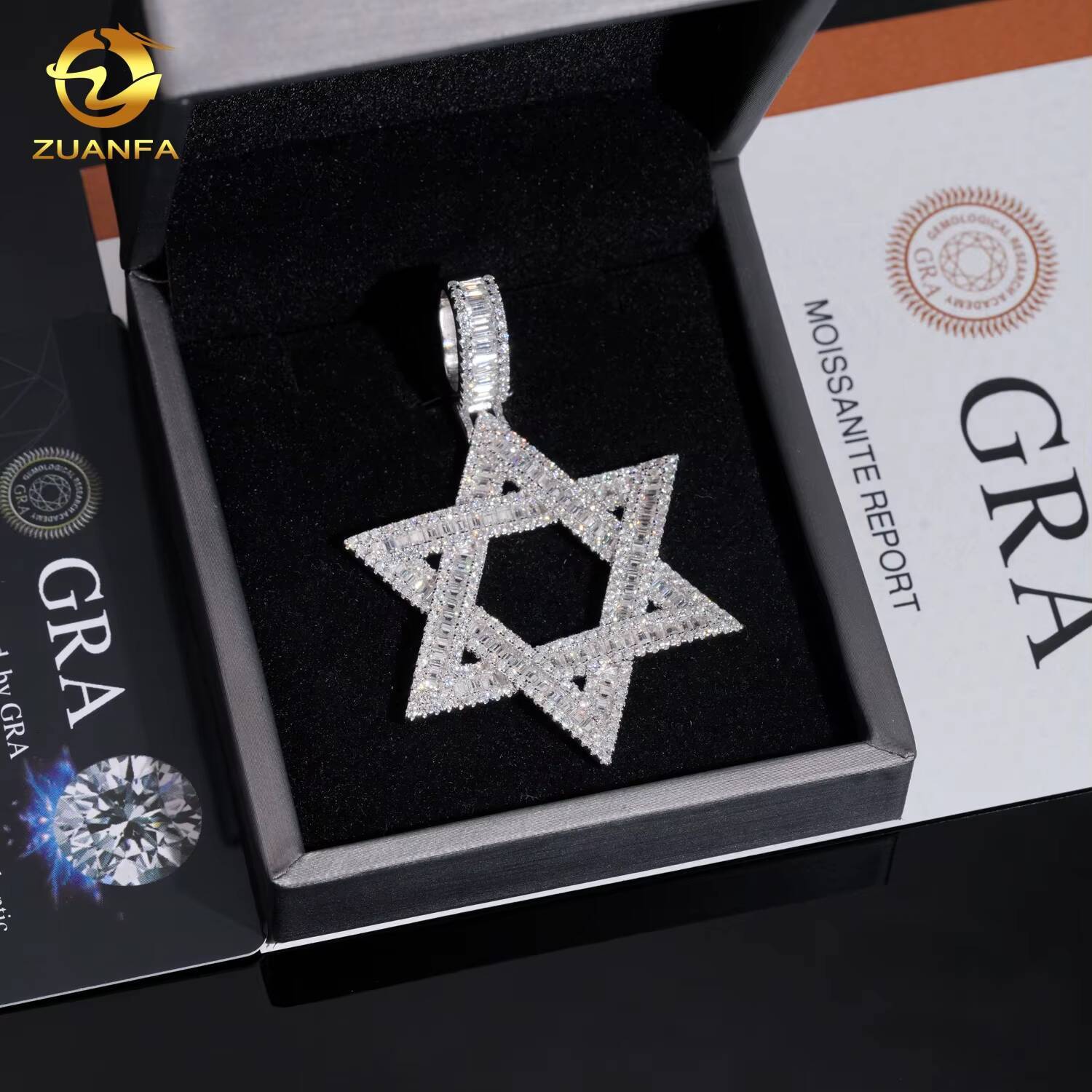 Hip Hop Moissanite Jewelry David of Iced Out Baguette Star Shape Pendant 925 Silver VVS D Moissanite Diamond Fine Charm Pendant