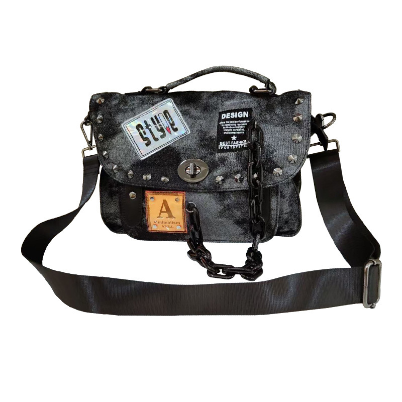 2025 autumn and winter women's new European and American retro denim diagonal cross bag bag fashion handbag personality rivet chain large capacit