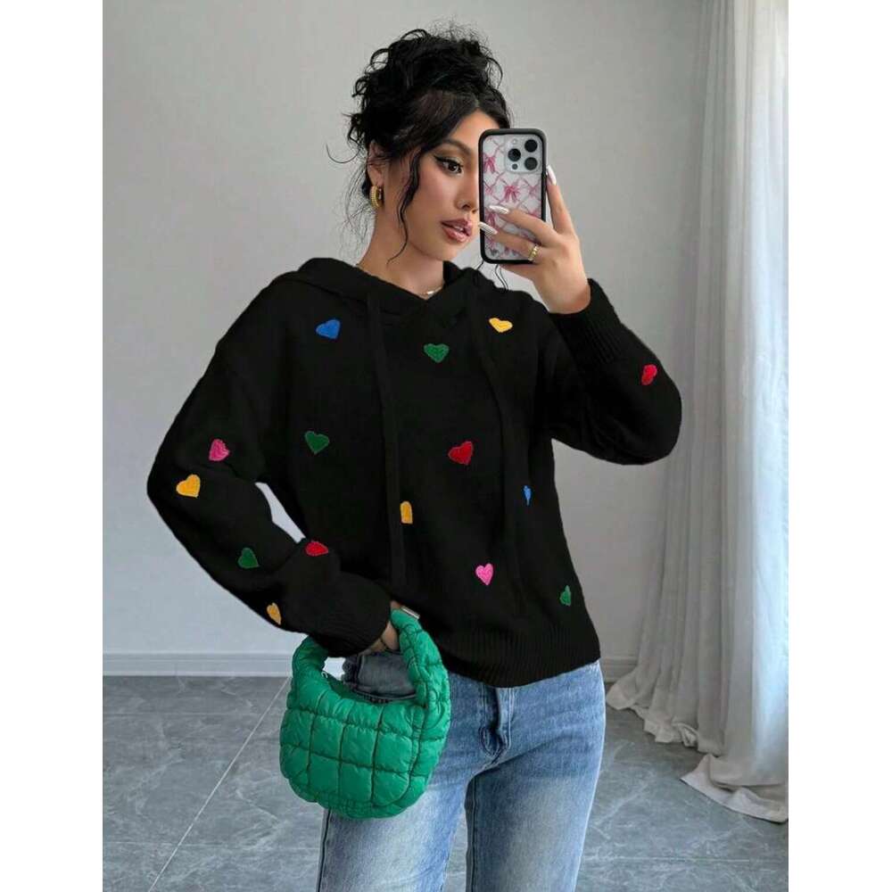Autumn and Winter Women's Sweater Fashion Colorful Heart Jacquard Hooded Long Sleeve Knitwear