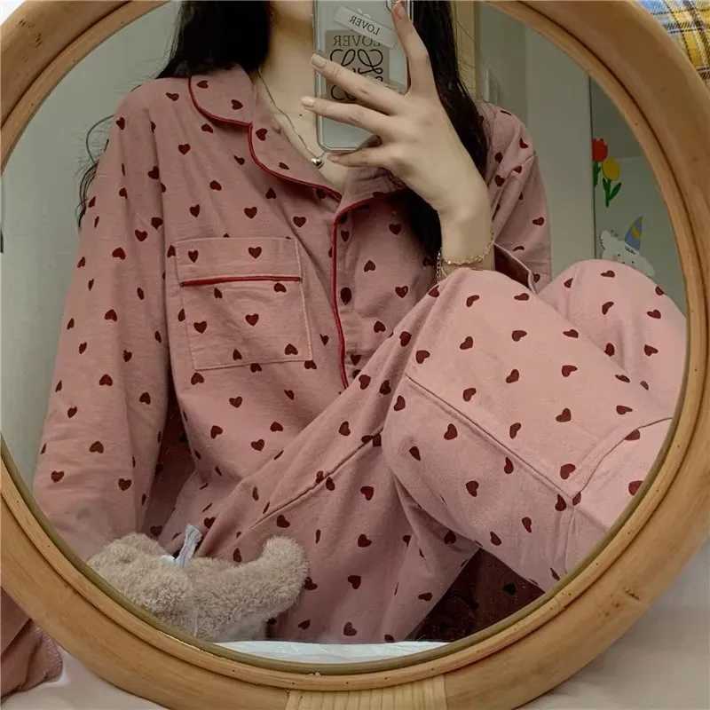 2 Piece Set Large Size Nightwear Women Autumn and Winter Cardigan Homewear Ladies Peach Heart Long Sleeves School Sleepwear Z250925