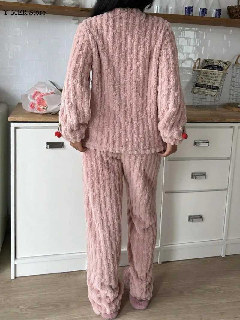 Women Cute Cherry Pattern Pajamas Autumn and Winter New Warm Fleece Lined Sleepwear Loungewear Cardigan Suit Pajamas Z250925