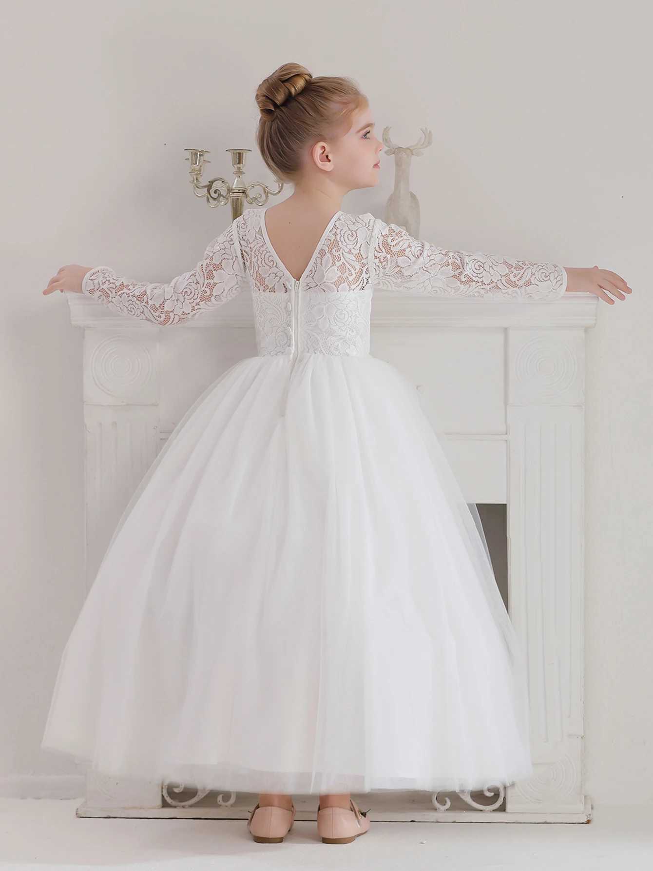 Girls Teenage Long Sleeve Lace Dress Wedding White Bridesmaid Evening Gown Long Dress Z250926