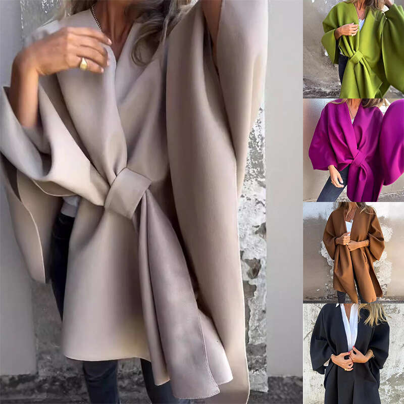 Cross-Border European and American Autumn Winter New Fashion Shawl Slimming Warm Solid Color Versatile Cape Coat