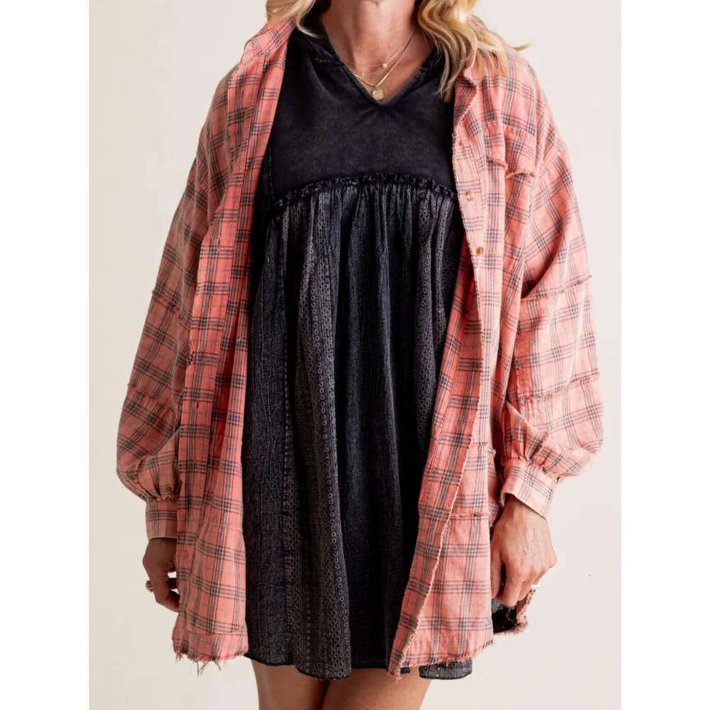 2025 Cross-Border European and American Foreign Trade Women's Clothing Autumn Winter New Frayed Lantern Sleeve Loose Plaid Shirt
