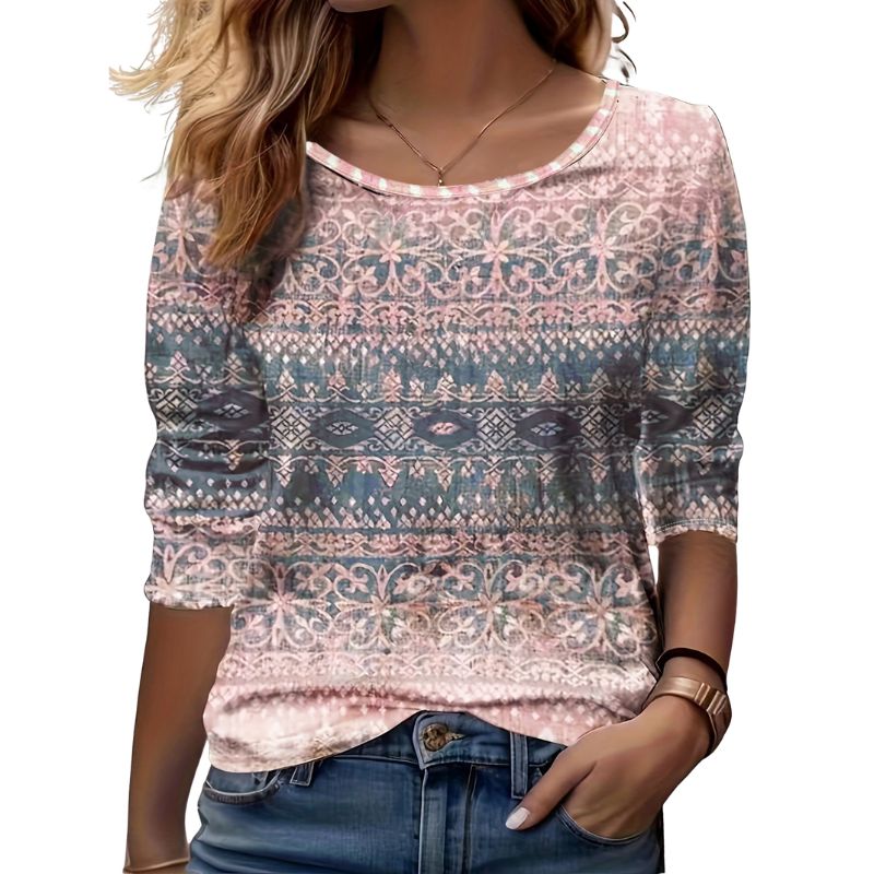 Women's Plus Size Paisley Printed T - Shirt, Light Beach Gray - Pink Casual Vacation & Commute Top Daily Wear-YL23482