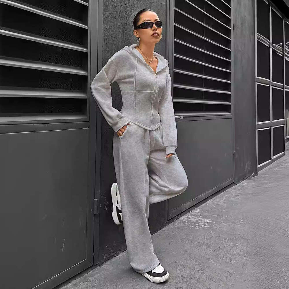 2025 Spring Autumn New Set European and American Cross-Border Trendy Hooded Cardigan Slim Fit Casual Two-Piece Suit for Women