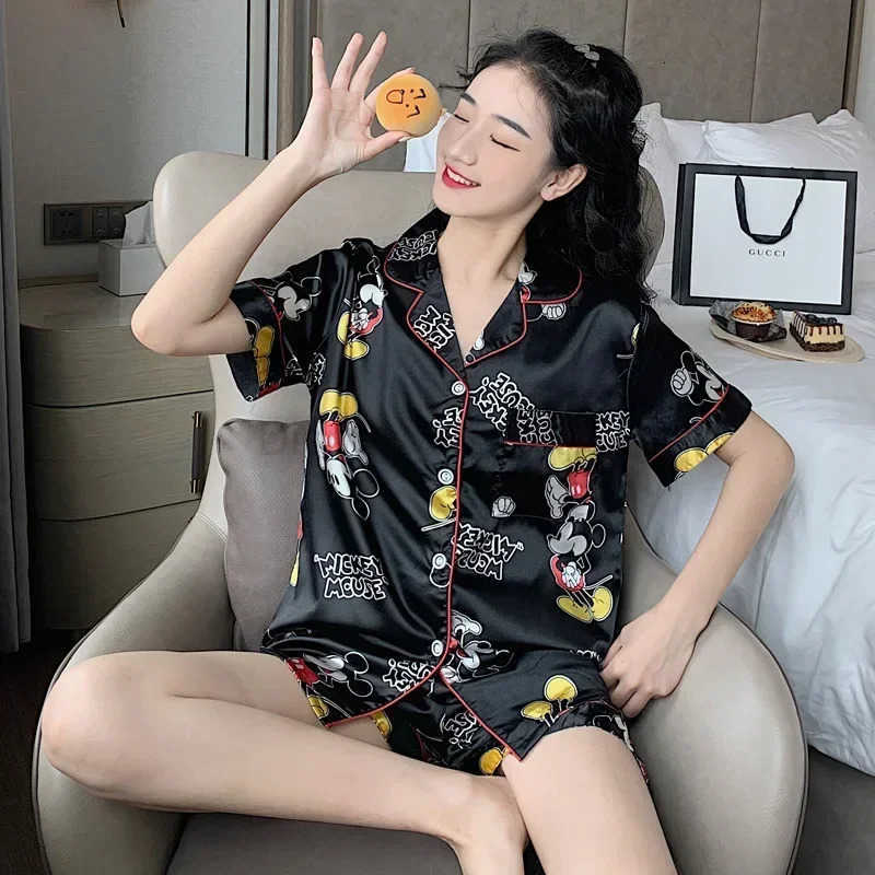 Disney Pajamas ladies summer mickey mouse shortsleeved nightgowns simulation silk sexy spring autumn sleepwear home clothing H250926