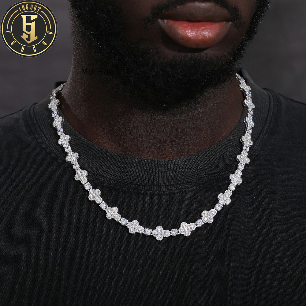 New Design Men Party Jewelry 925 Sterling Silver Tennis Necklace Custom Moissanite Diamond 10mm Cross Halo Cuban Link Chain