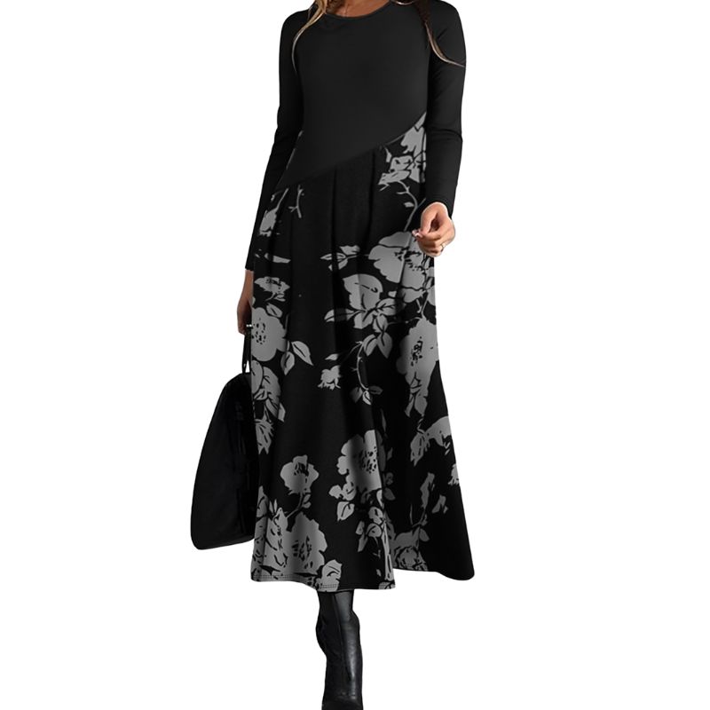 Women's Autumn Winter Elegant Retro Floral Patchwork Long - Sleeve High - Waist Maxi Dress Casual Dress-CF56272
